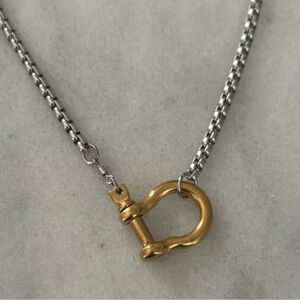 Gold Chain Two Tone Silver Horse Bit Chunky Charm Clasp Carabiner Necklace